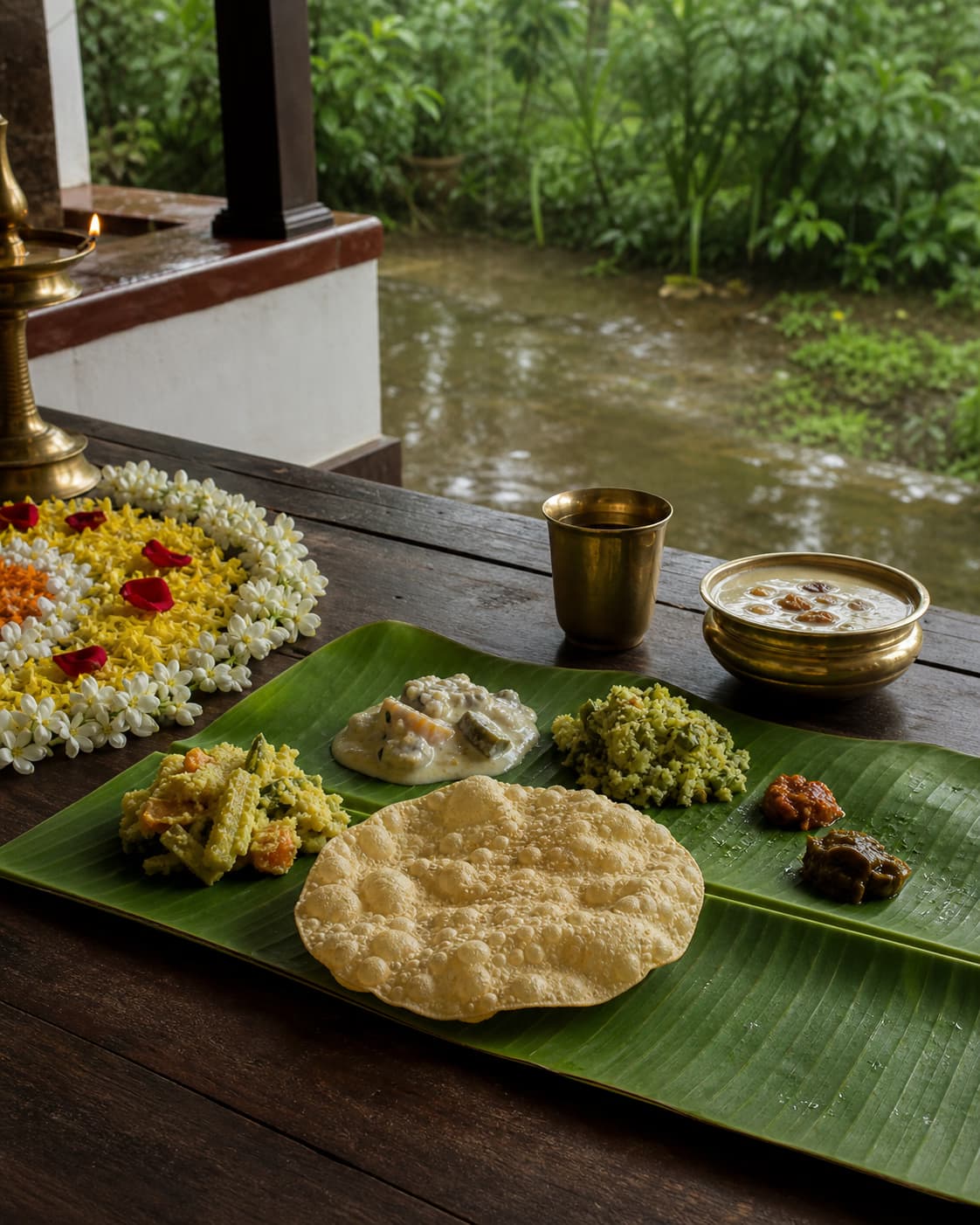 Onam sadya with a crisp pappadam, pookkalam flowers and monsoon garden beyond