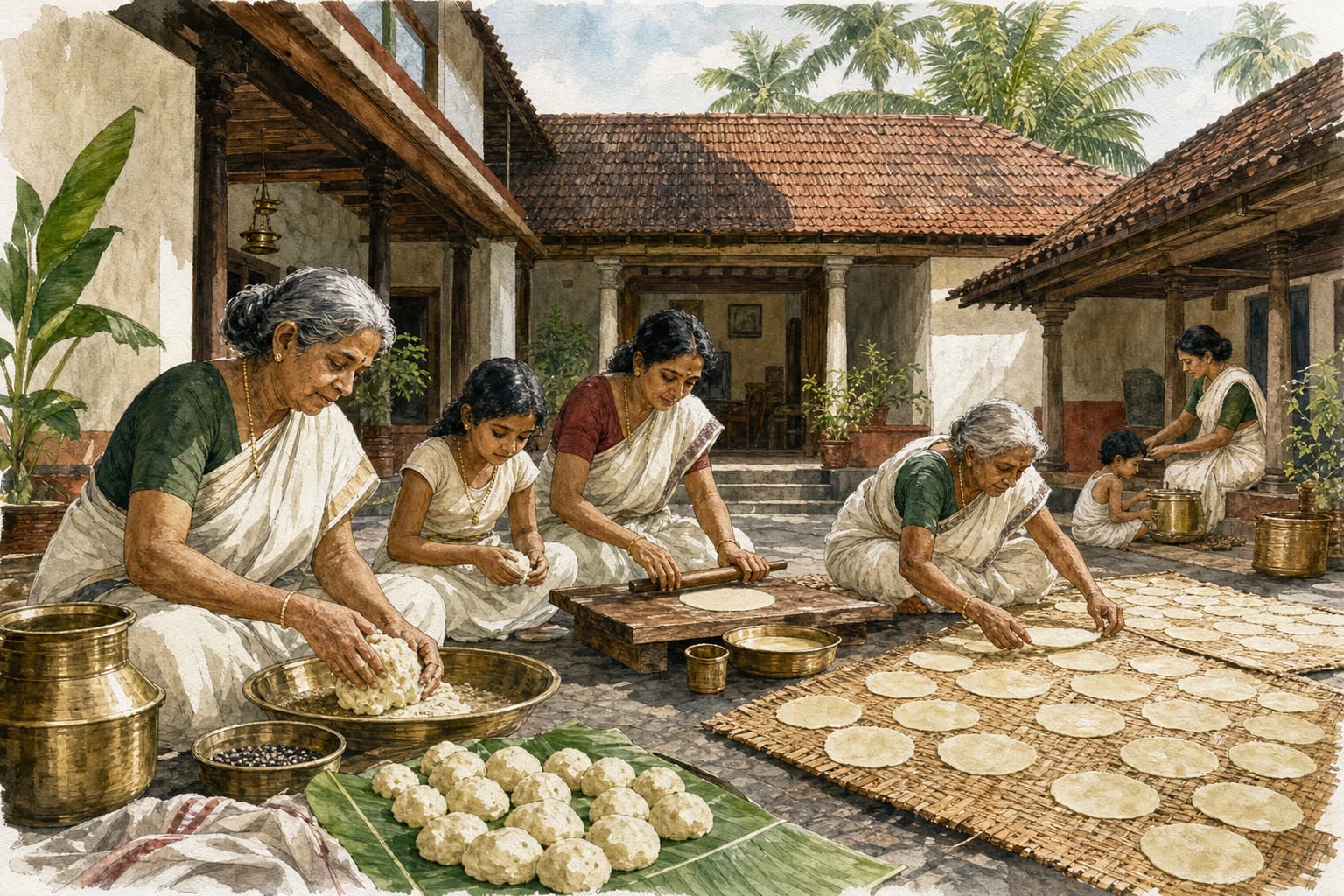 Illustration of traditional pappadam making in a Kerala courtyard