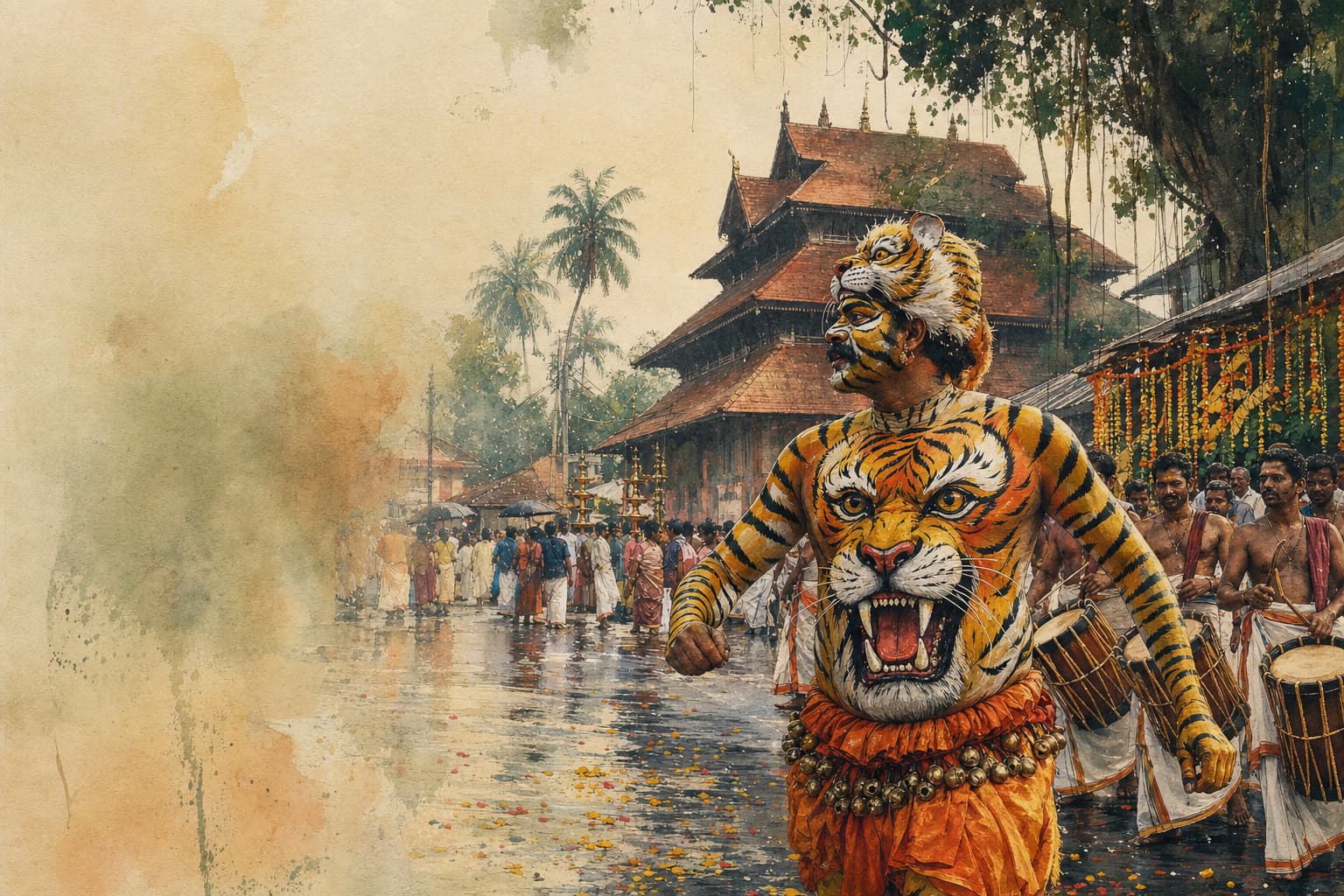 Illustration of Pulikali in Thrissur after the monsoon rain