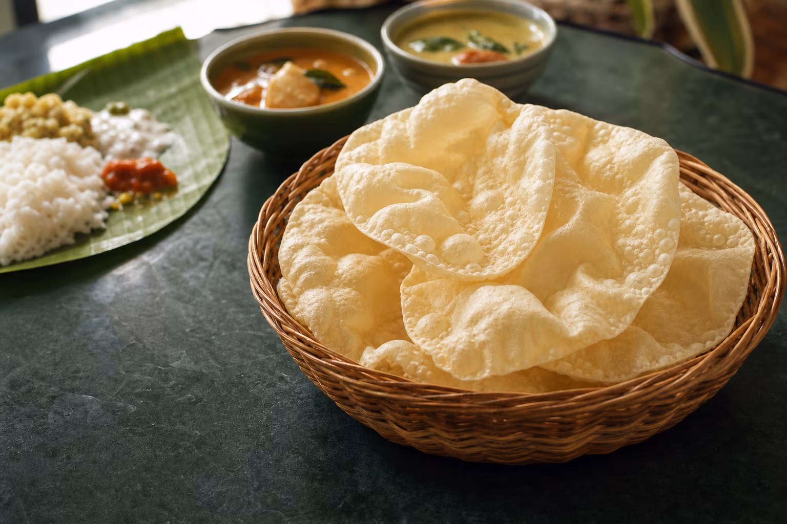 Puffy fried Kerala pappadam served in a woven basket beside a banana leaf meal